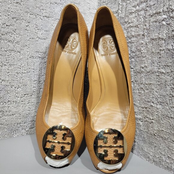 Tory Burch Sally Women's Size 11M US Brown Leather Wedge Peep Toe Pump Sandals - Picture 1 of 10